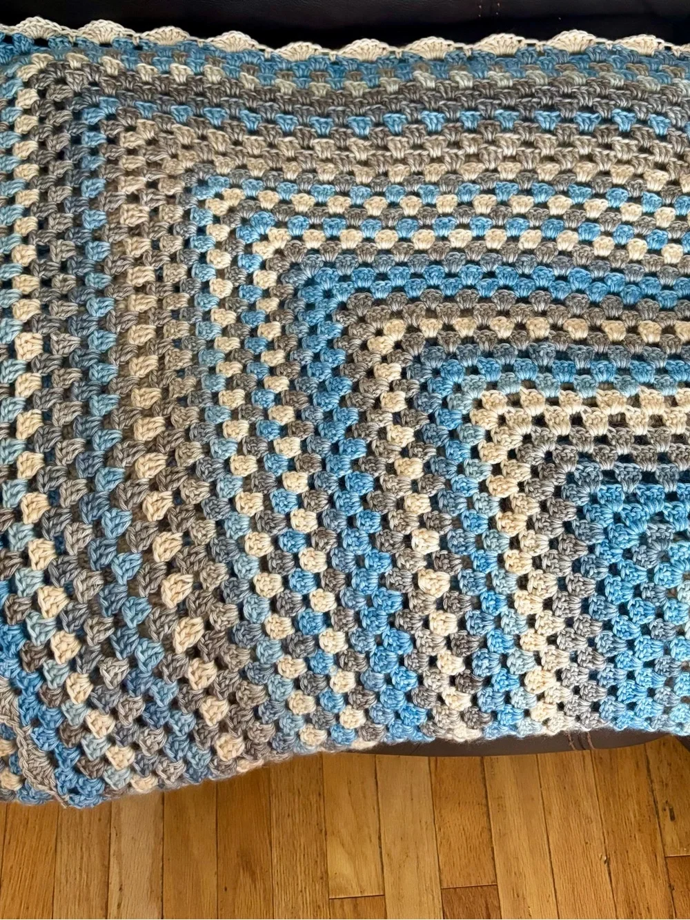 Handmade Blue, Gray & Cream Crochet Throw Blanket